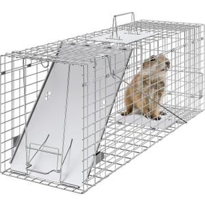 VEVOR Live Animal Cage Trap, 31" x 10" x 12" Humane Cat Trap Galvanized Iron, Folding Animal Trap with Handle for Rabbits, Stray Cats, Squirrels, Raccoons, Groundhogs and Opossums