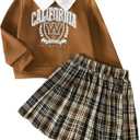 WDIRARA Toddler Girl's 2 Piece Outfit Graphic Sweatshirt Plaid Pleated Skirt Set Preppy Outfits 5
