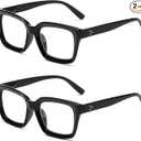 2 Pack Readers for Women Fashion Style Square Reading Glasses with Spring Hinge Blue Light Blocking for Men Ladies D +2.0