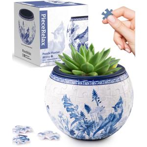 PieceRelax 3D Puzzle Planter 80 Pieces - Flower Pot - Oriental Birds and Flowers, for Mom, Home Decor Flower Pots for Indoor Cactus, Succulents Pots [K1115]