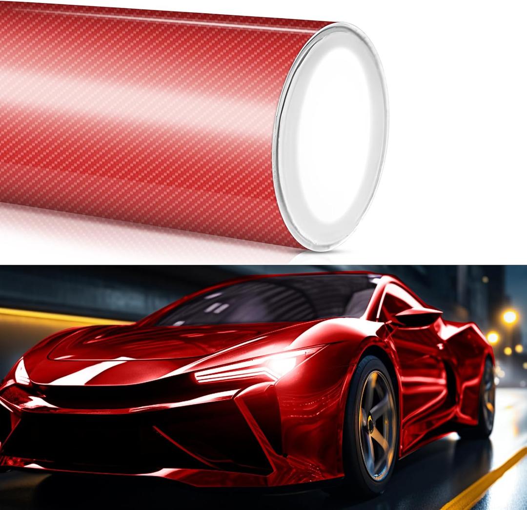 Carbon Fiber Vinyl Wrap 4 Inch X 5ft Universal Adhesive Red Gloss Carbon Wrap Tape Roll for Cars Automotive Interior Exterior DIY Auto Color Change Film Red