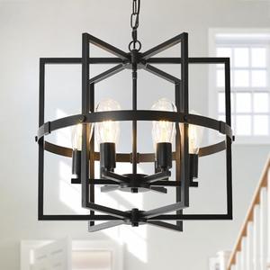 EGM 20'' Modern Farmhouse Chandelier, 6-Light Black Cage Pendant Light for Foyer, Adjustable Rustic Geometric Chandeliers for Dining Room, Kitchen Island, Entryway, Bedroom, Hallway