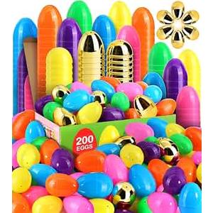 LEASEN [ 6 Surprise Golden Eggs ] 200 Pack Plastic Easter Eggs Bulks, 2.3 Inch Empty Easter Eggs, Bright Colors Plastic Eggs Fillable for Easter Hunt, Basket Stuffers Fillers, Easter Party Favor