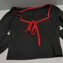 Womens Sexy Long Sleeve Bow Square Neck Baby Tees Contrast Trim Basic Crop Tops (Medium, Black Red)