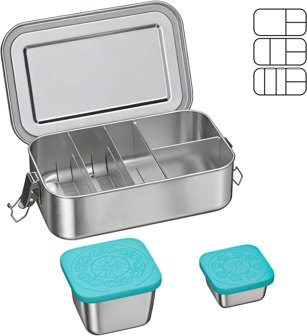 Stainless Steel Bento Box with 4 Compartments,1400ml Large & Thickened Metal Lunch Box for Adults,Eco-friendly Leak-Proof Container with Lockable Clips