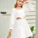 Haloumoning Girls Dresses Long Sleeve Square Neck Crossover Waist Casual A-Line Spring Fall Dress 5-14Y