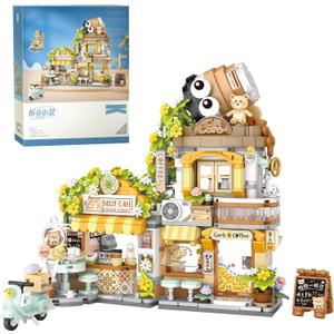 Creative Brick Box Street View-Coffee Shop Mini Building Toy Animals Interactive for Kids, Simulation Architecture Toy for Girls and Boys Ages 6+ - Gift Easter, Birthday, Christmas (1077 PCS)