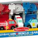 Melissa & Doug Toy Keys and Cars Wooden Rescue Vehicles and Garage (7 pcs) Toddler Pull Back Toys, Toy Garage for Kids Ages 3+