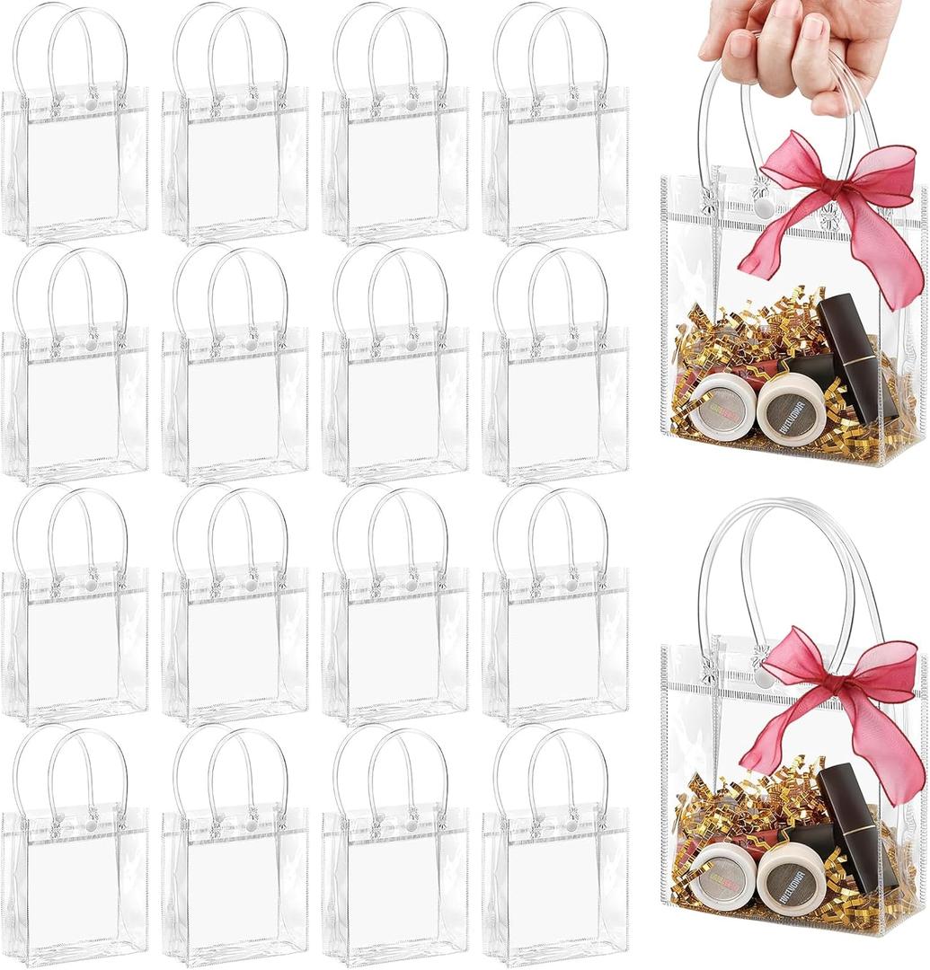 Jutieuo 50 PCS Clear Plastic Gift Bags with Handles, 4.9 x 5.9 x 2.8 inches Small Reusable Transparent Party Favor Bags PVC Goodie Bags Bulk for Weddings, Baby Showers, Birthdays