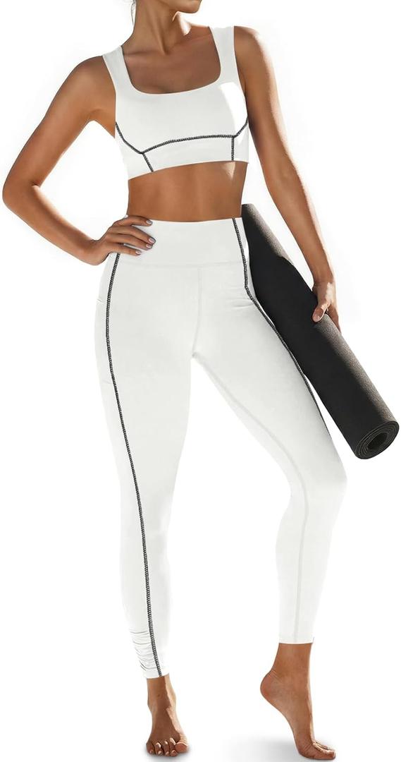 Aoysky Womens Buttery Soft 2 Piece Workout Sets Sports Bras and High Waisted Leggings with Pockets Athletic Gym Outfits (Large, White)