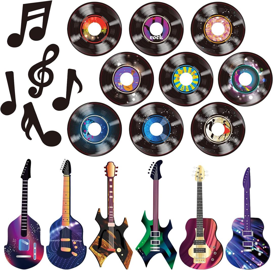 40 Pcs Music Party Decorations Musical Notes Rock and Roll Record Cutouts Silhouettes Record Guitar Party Favor Cutouts 50s 80s Theme Baby Shower School Bulletin Board Craft Decoration
