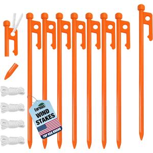 Eurmax USA 10 inch Multiuse Heavy Duty Steel Tent Stakes Tarp Pegs Camping Stakes for Outdoor Camping Canopy and tarp with 4 Ropes 10FT Length (orange)