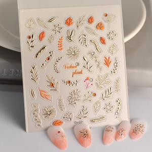 5D Embossed Fall Nail Art Stickers Leaf Nail Stickers Gold Plant Maple Leaf Nail Decals with Rhinestone Designs Self-Adhesive Autumn Nail Supplies for Women Girls Acrylic Nails DIY Manicure