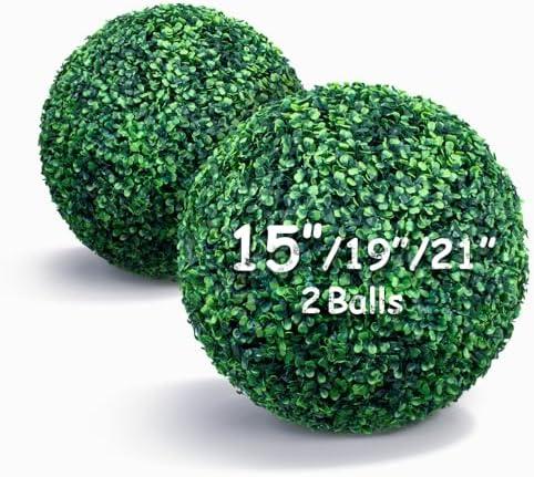 Decwin 15 Inch 2 Packs Artificial Boxwood Balls Topiary Balls, 4 Layers of UV-Resistant Greenery Balls Indoor Outdoor Garden, Backyard, Patio, Front Door – Assembly Required