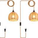 Plug in Pendant Light, Industrial Hanging Light with Plug in Cord Hemp Rope On/Off Switch Farmhouse Pendant Lamp with Plug in Cord, Vintage Hanging Lamps for Dining Room (2 PACK, Black)