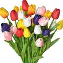 24pcs Multicolor Artificial Tulips Flowers Fake Faux PU Tulip Bouquet Real Touch Flower Arrangement for Home Room Office Party Wedding Decoration Excellent Gift Idea for Mothers Day