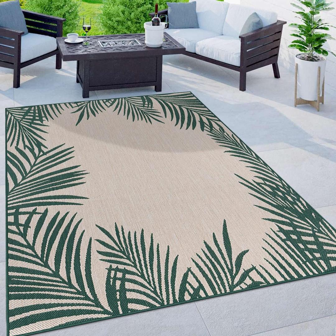 Rugshop Tropical Floral Palm Leaves Textured Flat Weave Easy Cleaning Outdoor Rugs for Deck,Patio,Backyard Indoor/Outdoor Area Rug 5' x 7' Green