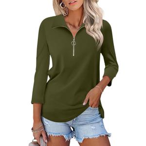 TICTICMISS Women's 3/4 Length Sleeve Tops Collared V Neck T Shirts Polo Zipper Summer Shirts (Green, S)
