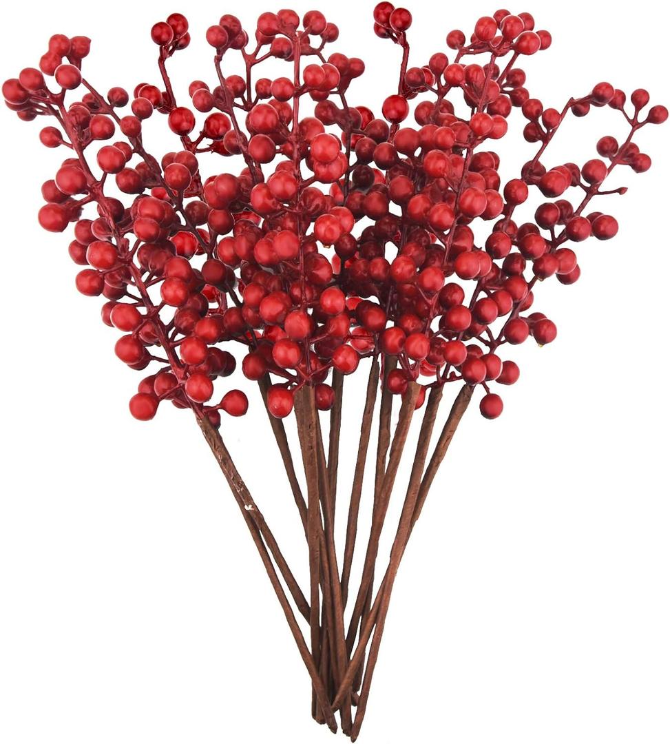 Jmkcoz 12 Pack Artificial Red Berry Stems Branches, Fake Burgundy Berry Picks Holly Berries for Christmas Tree Xmas Valenintes Wreath Decorations Floral Arrangements Home Holiday DIY Crafts Decor