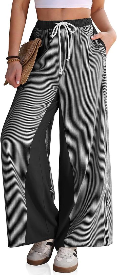 TARSE Womens Linen Wide Leg Pants Striped Drawstring Elastic Waist Loose Fit Summer Boho Casual Trendy Pants with Pockets (S)