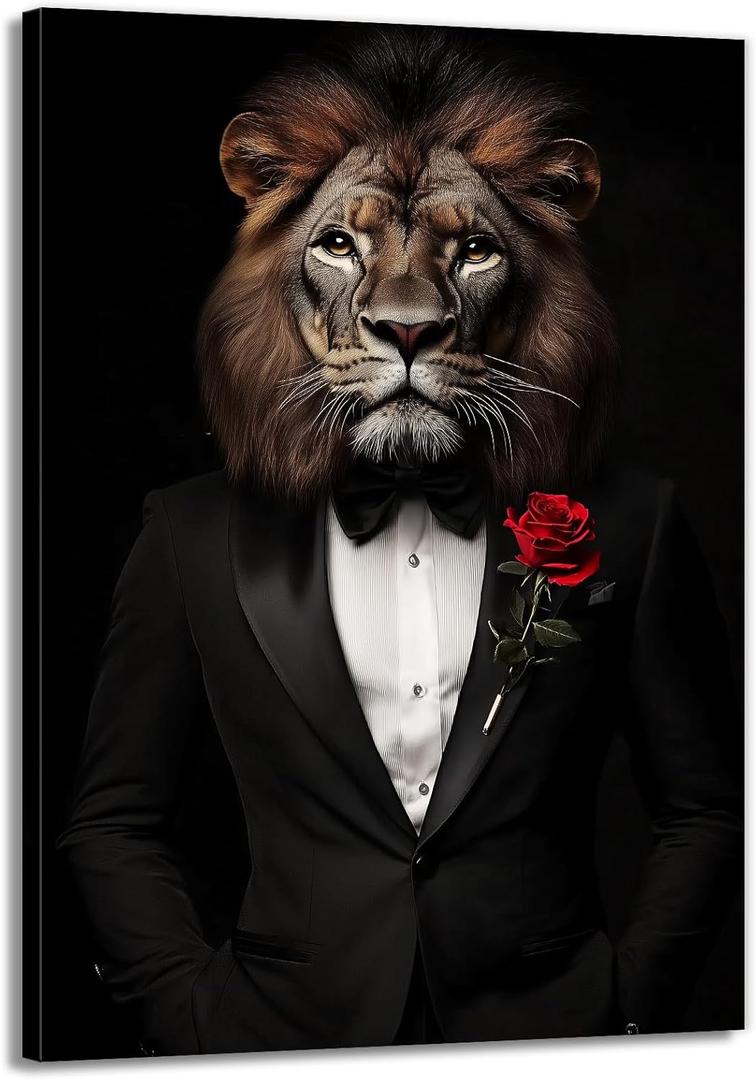 OAAPITI Lion In Suit Wall Art Gentleman Lion With Rose Canvas Print Elegant Animal Art for Living Room Bedroom Bathroom Modern Home Decoration(Artwork-6,16"x24")