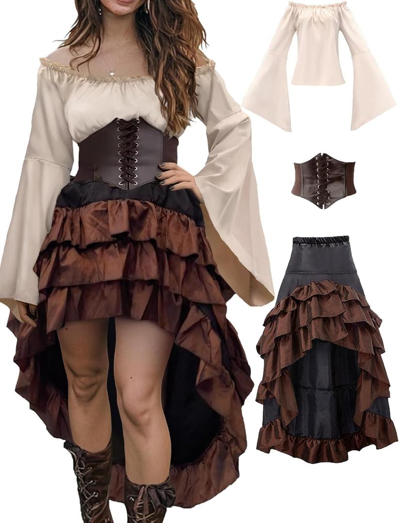 Verceco Pirate Costume Women Outfit with Renaissance Pirate Shirt Skirt Corset Waist Belt Womens Halloween Pirate Costumes (Beige+brown, Small) Verceco Pirate Costume Women Outfit with Renaissance Pirate Shirt Skirt Corset Waist Belt Womens Halloween Pirate Costumes (Beige+brown, Small)
