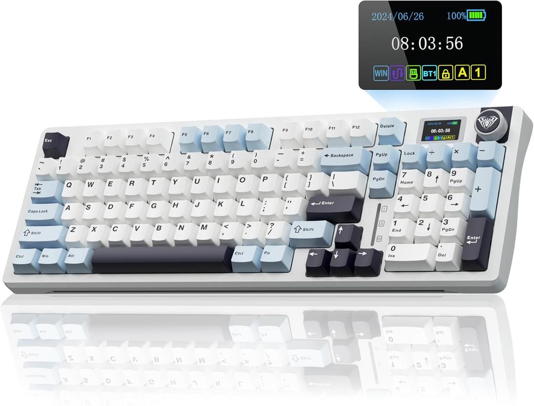 AULA S98 Pro Wireless Mechanical Keyboard,Smart Screen & Knob,Tri-Mode BT5.0/USB-C/2.4GHz Creamy Keyboard,Pre-lubed Linear Switches,Hot Swappable RGB Backlit Computer Gaming Keyboards (White&Blue)