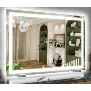 ROLOVE 32 x 22 inch Large Lighted Vanity Mirror with 3 Modes Dimmable LED Makeup Mirror for Bathroom and Dressing Room, Table or Wall, 10X Magnification, White