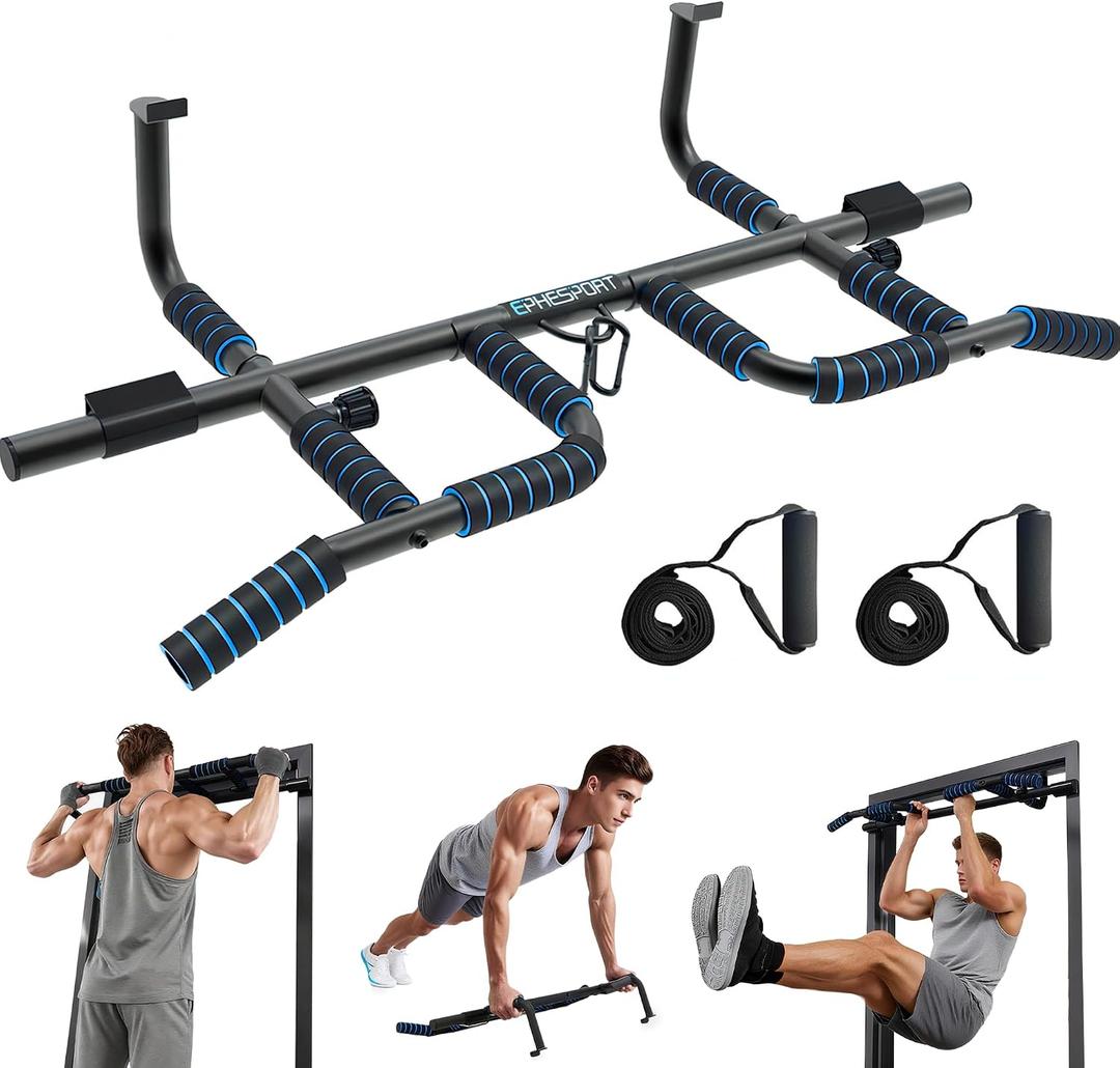 EPHESPORT 2026 Multifunctional Pull Up Bar for Doorway US Patented Design, Foldable, No Drilling or Slipping, Multi-Grip Bar with Resistance Band Hooks, Commercial Alloy Steel, Large PVC Pads, 440 lbs Capacity
