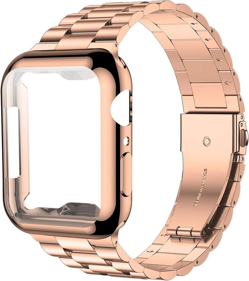 iiteeology Compatible with Apple Watch Bands 44mm Series 6 5 4 Se, Upgraded Stainless Steel Band with iWatch Screen Protector Case for Men Women Rose Gold