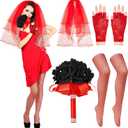 Ramede 6 Pcs Red Veil Women's Gothic Halloween Bride Costume Red Lace Fingerless Gloves Black Roses Bouquet Fishnet Tights