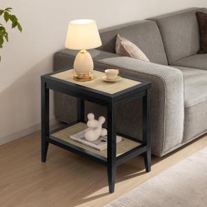 SICOTAS Rattan Nightstand Bedside Table - Farmhouse Boho Narrow Accent End Table with 2 Open Rattan Shelves for Bedroom, Living Room, Small Spaces - Black Oak (1 Piece)