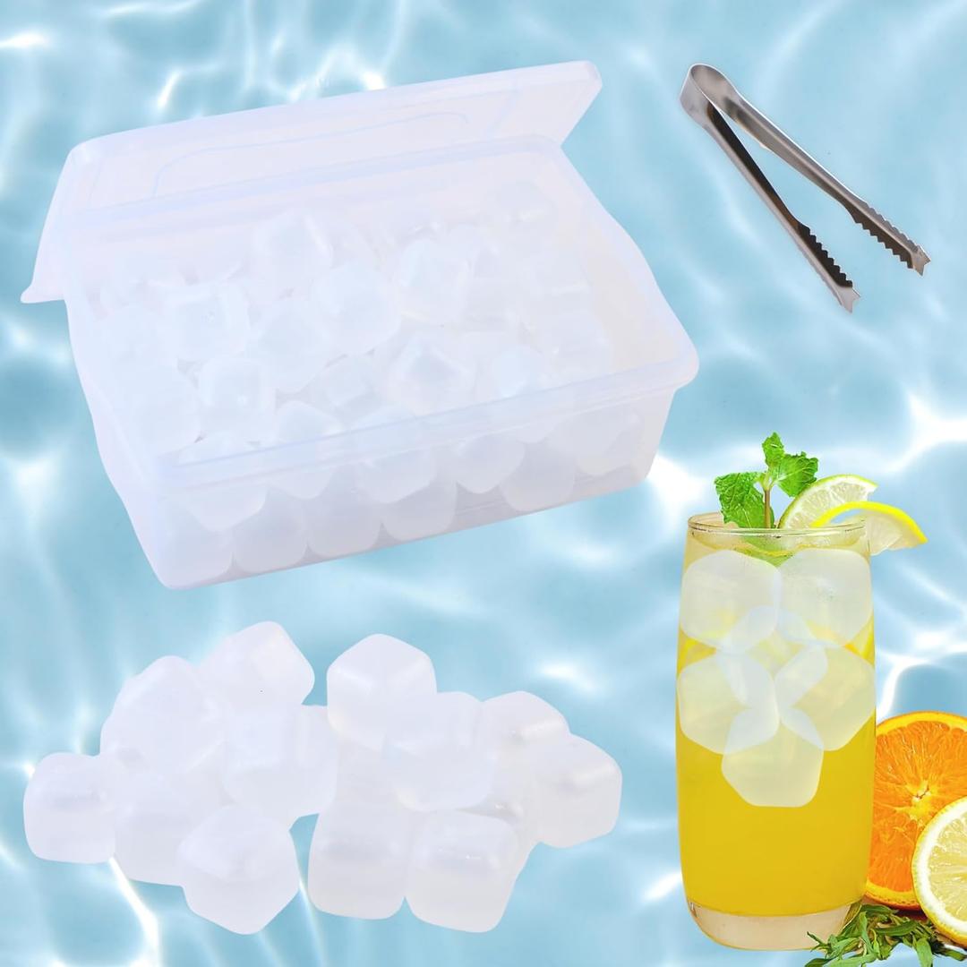 Reusable Ice Cube with Lid & Bin, 60 Pack Plastic Ice Cubes for Drinks BPA Free, Refreezable Square Ice Cubes for Water Bottles, Whiskey, Vodka, Coffee, Cocktails, Beer or Wine