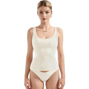 SUUKSESS Women Padded Cotton Ribbed Long Tank Tops 2025 Summer Going Out Basic Scoop Neck Cami Tops (Medium, Cream White)