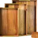 Acacia Wood Serving Tray - Set of 3 with Golden Steel Handles 18", 16" & 14" with 6 Coasters - for Coffee Table, Ottoman in Living Room, Breakfast in Bed, Jewelry, Decorative