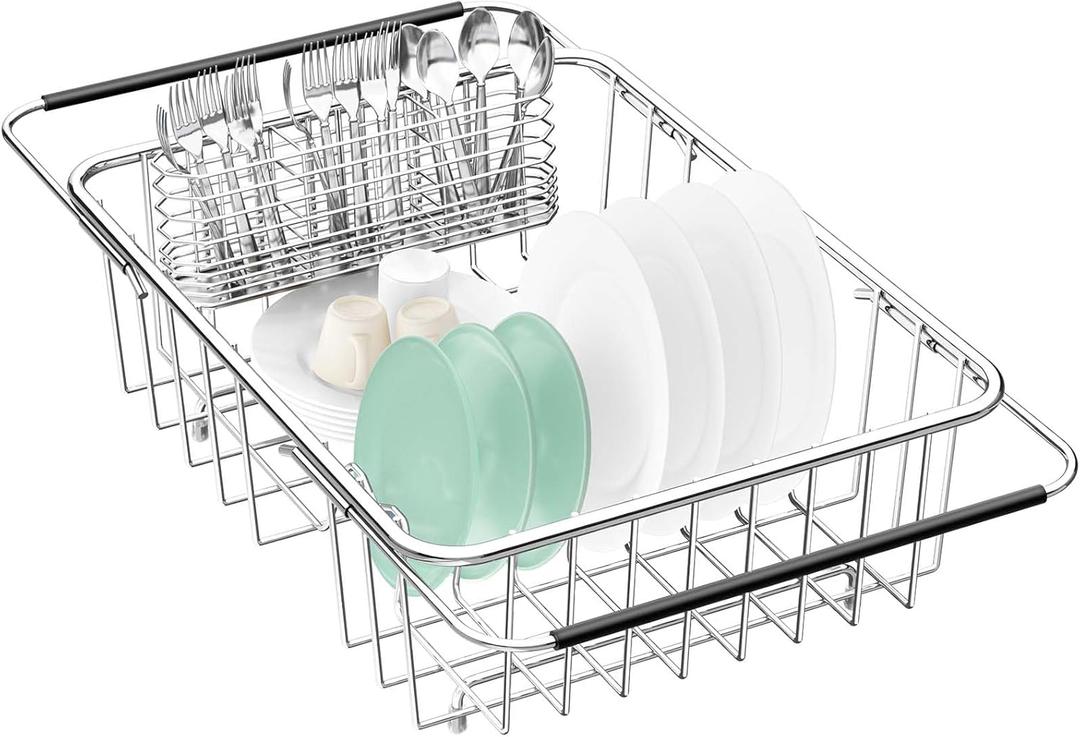 Large Dish Drainer Rack in Sink Adjustable, Expandable 304 Stainless Steel Metal Dish Drying Rack Organizer with Stainless Steel Utensil Holder Over Inside Sink Counter, Rustproof (Medium - 14.96×11.02×5.35 Inches)