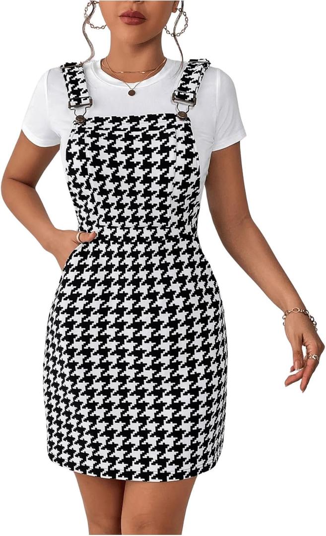 Milumia Women's Houndstooth Print Adjustable Straps Short Overall Dresses (Black and White) S