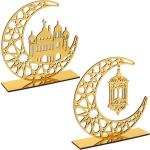2 Pieces Acrylic Ramadan Decorations Islamic Eid Mubarak Kareem Table Sign Moon Hollow Star Ornament for Muslim Party Tabletop Decor Home Art Craft Decoration Golden Moon