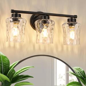 Bathroom Light Fixtures Over Mirror, 3 Lights Vanity Lights with Hammered Glass Shade, 18.7" Matte Black Farmhouse Bathroom Light Fixtures for Bedroom, Porch, Hotel, Mirror Cabinet