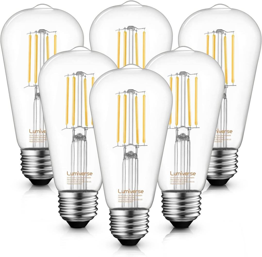 Lumiverse Edison Bulbs 60W Equivalent, Dimmable LED Light Bulbs, CRI 90+, Vintage E26 Lightbulbs, Natural White 4000K, ST19 ST58, 5.5W, Antique Clear Glass, 6 Pack