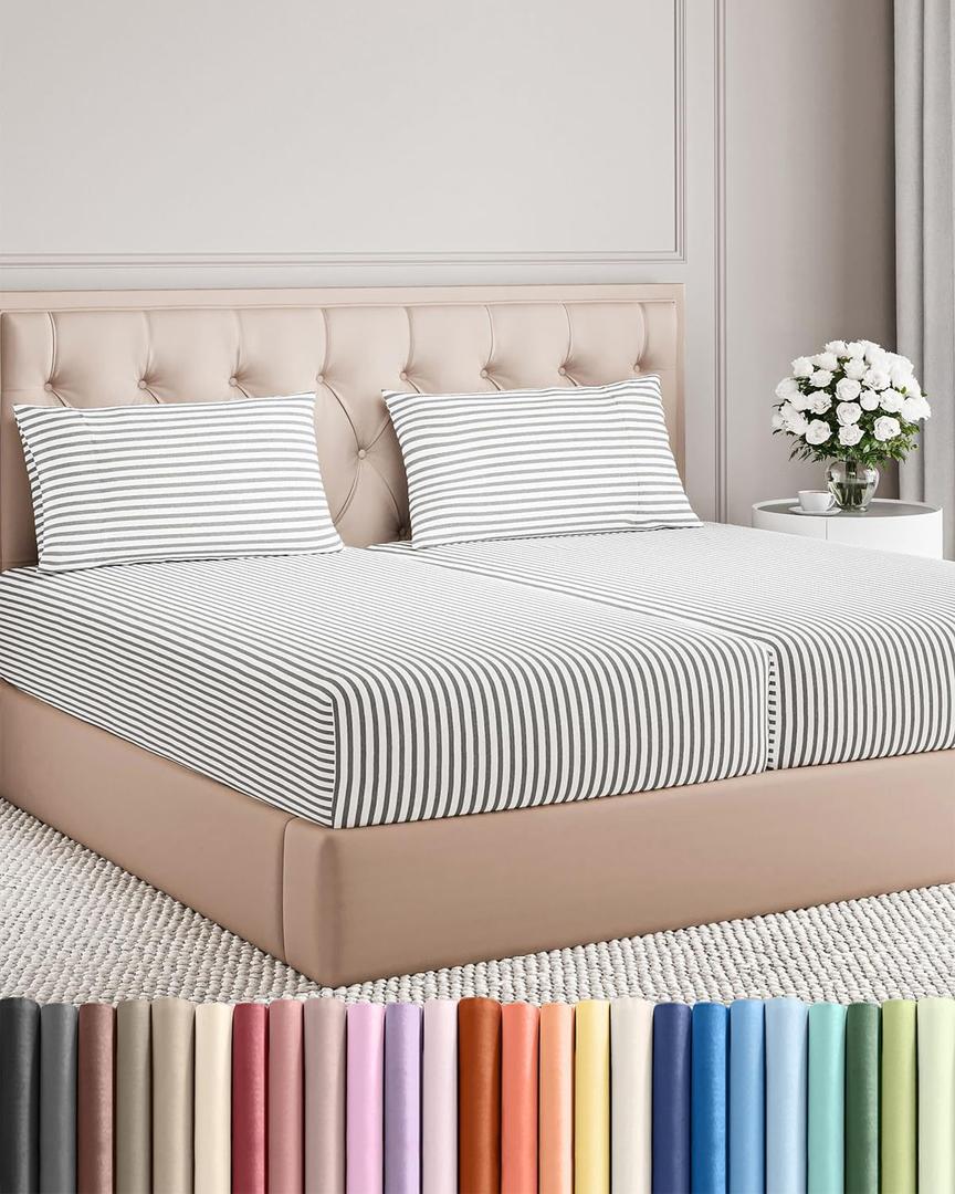 Split King Size 5 Piece Sheet Set - Comfy Breathable & Cooling Sheets - Hotel Luxury Bed Sheets for Women & Men - Deep Pockets, Easy-Fit, Soft & Wrinkle Free Sheets - Grey Stripes Oeko-Tex Bed Sheets