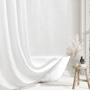 Extra Long White Boho Shower Curtain Woven Fabric Cute 84 Inch Shower Curtain, 72 x 84 Tufted Leaves Textured Striped Modern Farmhouse Minimalist Cloth for Bathroom