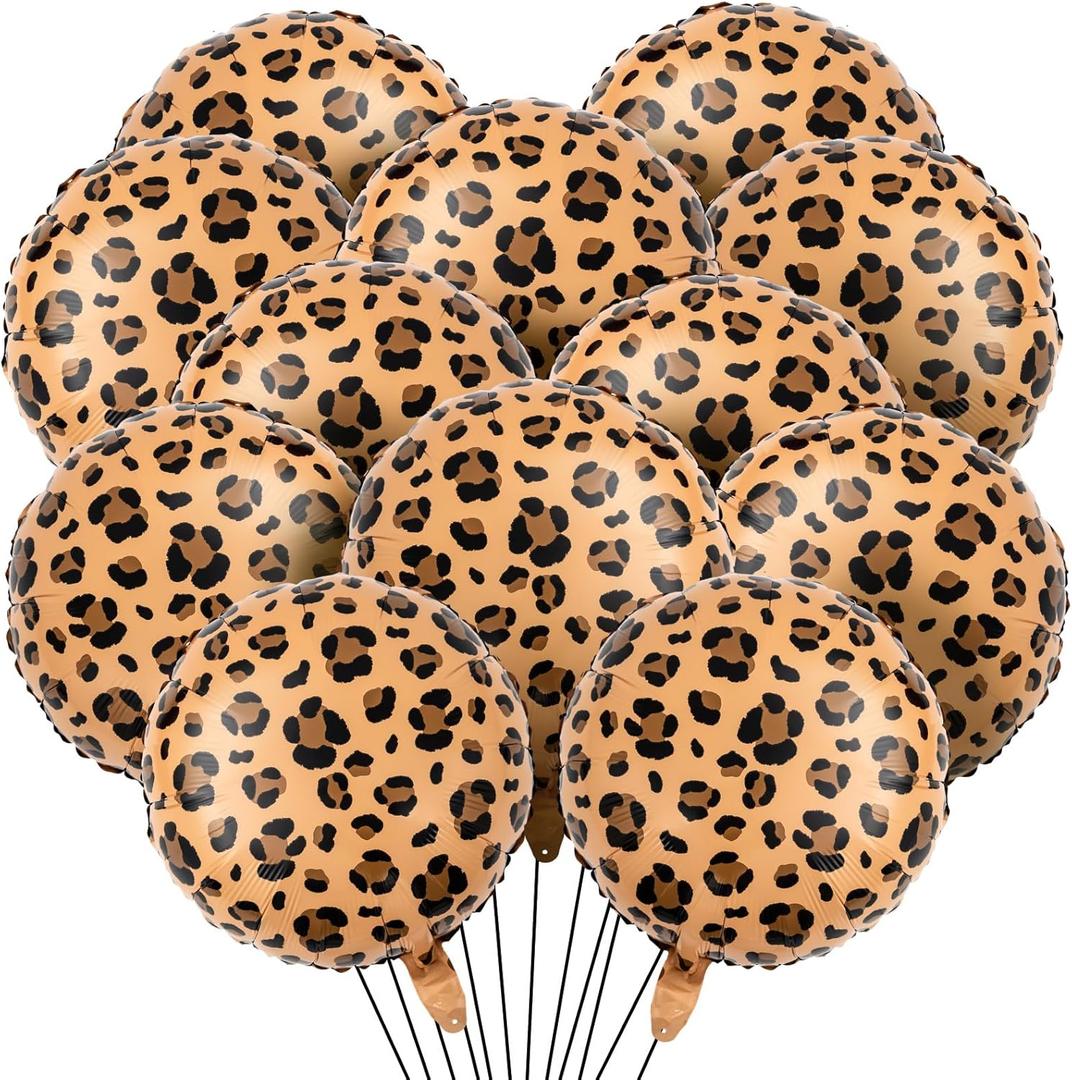 BBTO 12 Pcs Leopard & Cheetah Balloons 18 Inch Leopard Print Foil Balloons Cheetah Print Decoration for Birthday Party Camo Animal Jungle Adventure Baby Shower Wedding (Golden Brown)