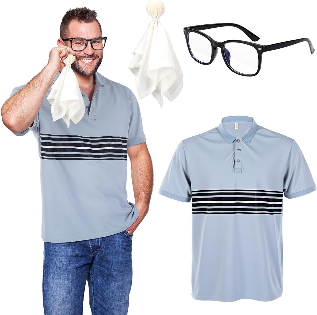 Tellingyou 3 Pcs Halloween Costume Men Blue Striped Shirt Glasses Napkin Set for Halloween Film Cosplay Accessory (XL)