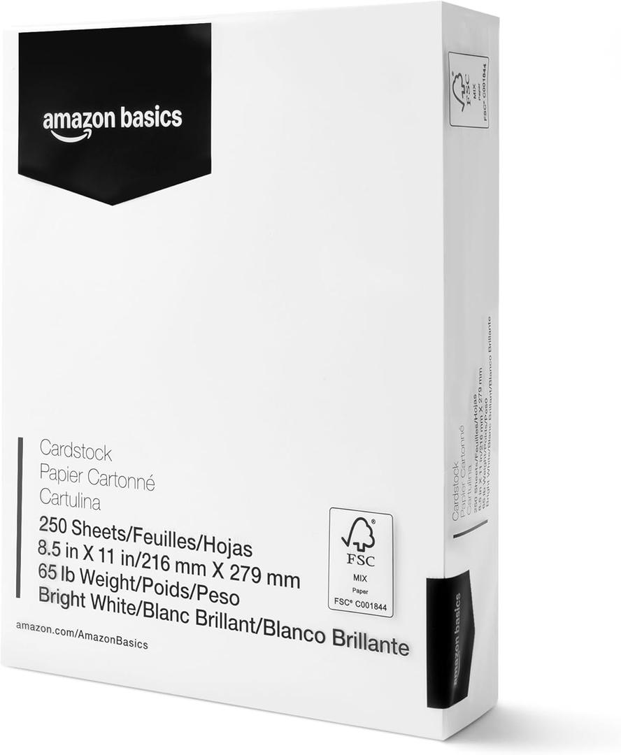 Amazon Basics Cardstock Paper, 8.5" x 11", 65 lb/176 gsm, 96 Bright White, 250 Sheets
