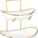 White Ceramic 3 Tier Modern Fruit Bowl with Metal Stand, Tiered Fruit Tray for Kitchen Counter, Snacks Nuts Bread Candy Storage