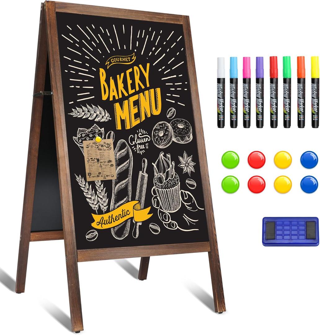 A Frame Chalkboard Sign, 40" x 20" Extra Large Wooden A-Frame Sign Board with Chalk Marker, Double-Sided Magnetic Sidewalk Chalkboard Easel Display for Restaurant, Business, Wedding