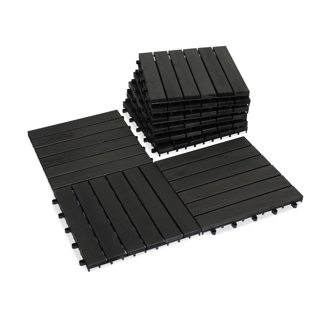 VICTORY RELAX Natural Acacia 12x12 Interlocking Wood Deck Tiles for Balcony, Garden, Patio, Poolside Decor - Waterproof Indoor & Outdoor Flooring - 6 Slats, Round Joints, Pack of 9, Black Color