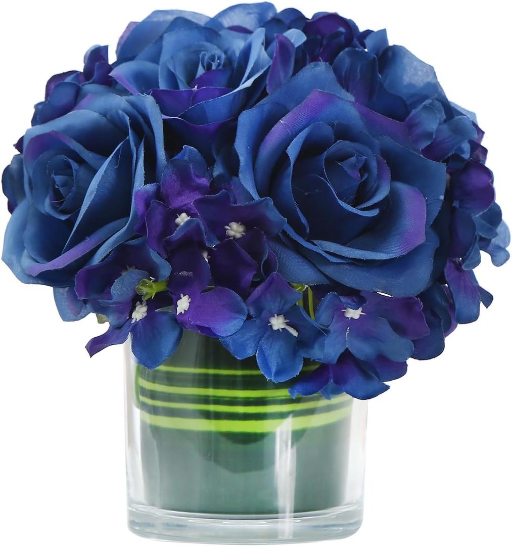 Artificial Rose and Hydrangea Silk Flower Centerpieces Faux Floral Arrangement in Glass Vase for Home Wedding Table Decoration (Navy Blue)