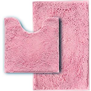 Bathroom Rugs Sets 2 Piece,Super Absorbent Soft,Thick,Machine Washable Chenille Bath Mat,Non Slip Toilet Floor Rug,Bath Mats for Bathroom,20x32 Plus 20x20 U Shape,Pink